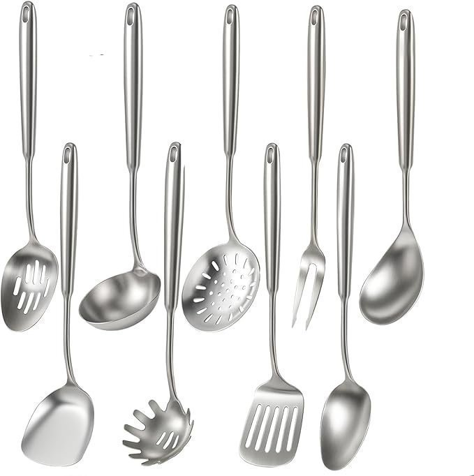 Newness 9 Pcs Cooking Utensils Set, 304 Stainless Steel Kitchen Utensils Set, Metal Kitchen Accessories, Include Soup Ladle, Slotted Skimmer Spoon, Spaghetti Spoon and Spatula, Dishwasher Safe