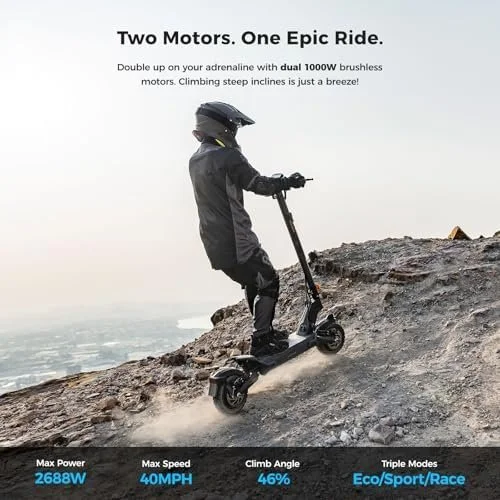 Ausom 2000W Dual Motor Folding Electric Scooter for Adults, Off Road Dual Motor E-Scooter with E-ABS and Duals Disc Brakes, 40Mph Top Speed, 56 Miles Max Ranges - Image 6