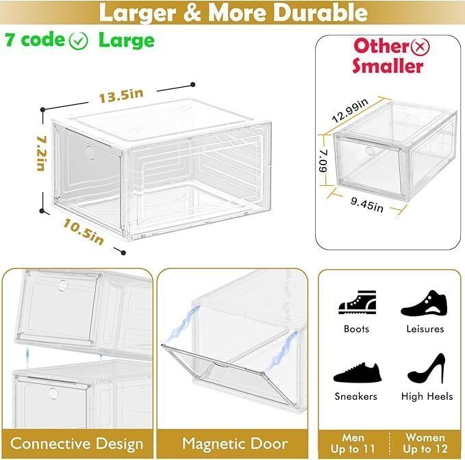 12 Pack Clear Shoe Storage Organizer with Magnetic Door,Stackable Plastic Shoe Boxes for Sneakers,Boots,and Heels,Space-Saving Foldable Shoe Rack for Closet,Durable Shoe Cabinet Organizer,White - Image 3