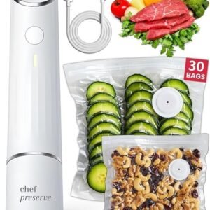 Chef Preserve Compact Vacuum Sealer for Food (Vacuum Sealer Machine + 30 Reusable Vacuum Bags) Powerful Handheld Vacuum Sealer Machine, Seal Meal Saver, Portable Food Sealer