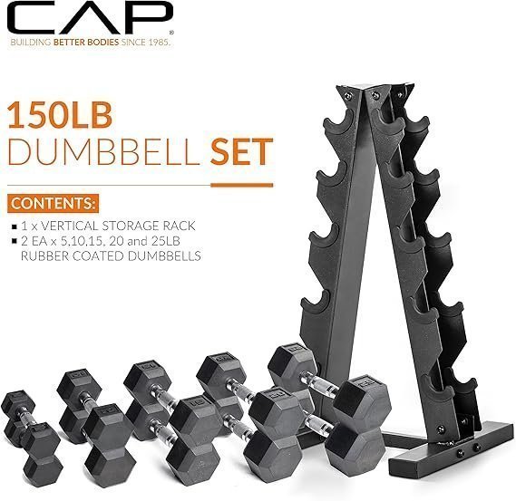 CAP Barbell Rubber Coated Dumbbell Weight Set with Vertical Rack | 100 lb, 150 lb, and 210 lb Options - Image 5